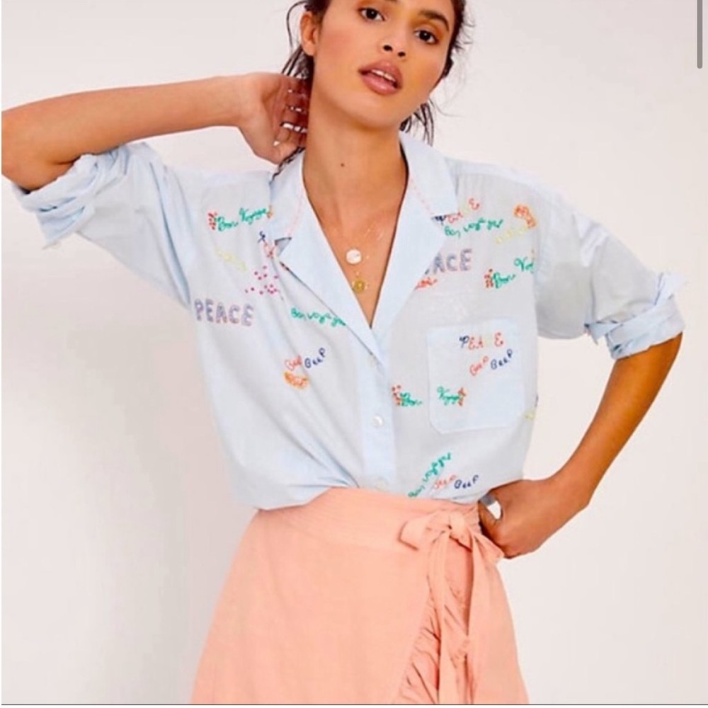 Anthropologie Maeve Clarissa Bon Voyage Beaded Buttondown Shirt